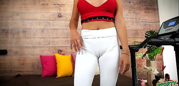  Puffy Cameltoe Blonde Teen Working Out in White Spandex Leggings